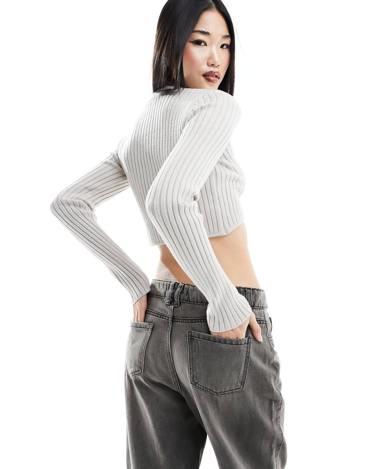 Bershka ribbed crew neck jumper in pale khaki