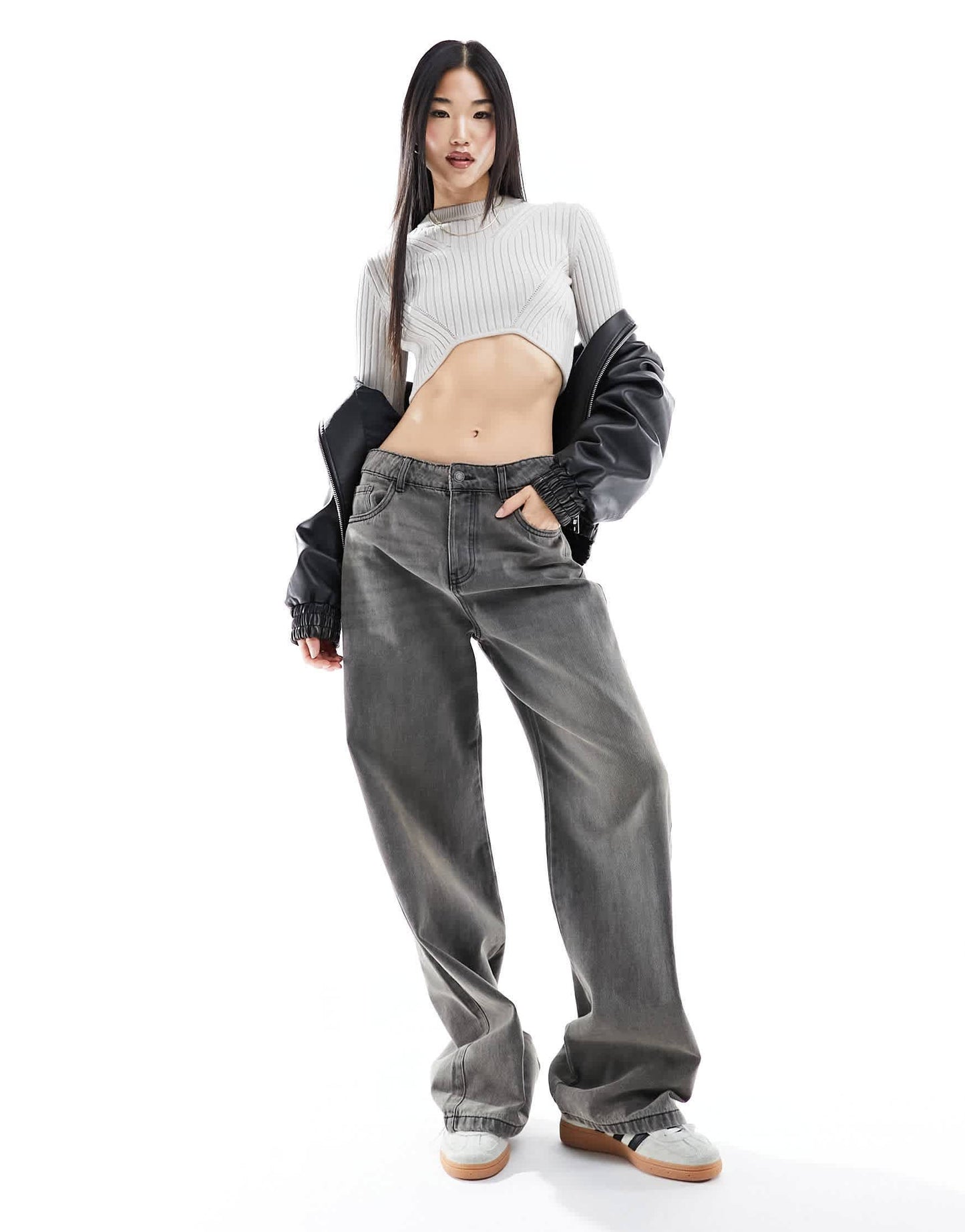 Bershka ribbed crew neck jumper in pale khaki