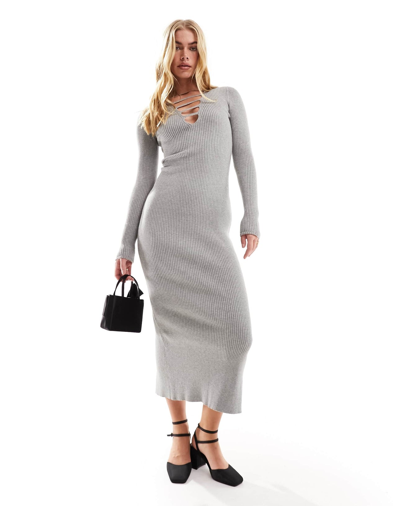 Bershka cross detail knitted maxi dress in grey