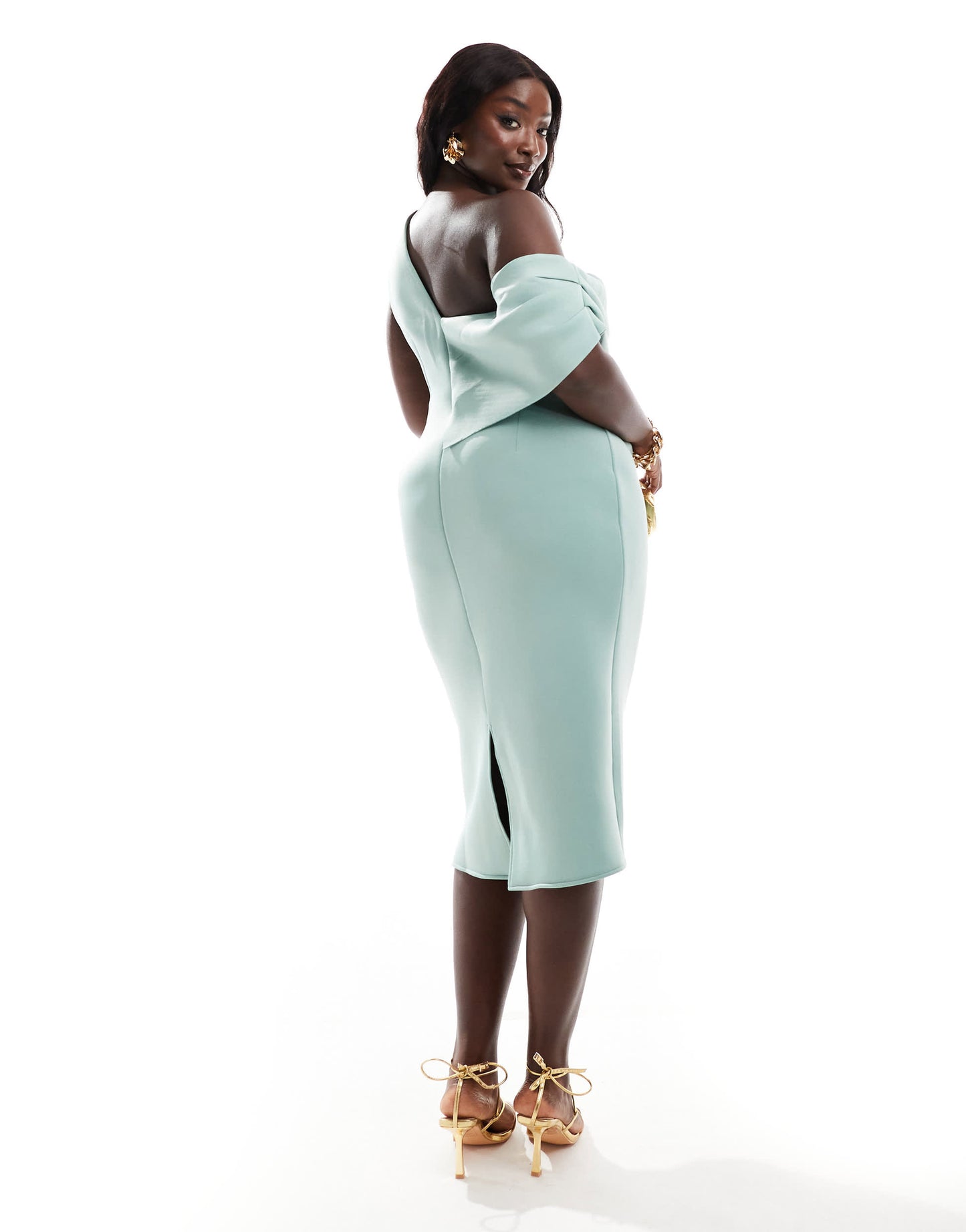 ASOS DESIGN Curve fallen shoulder pleat midi dress in sage