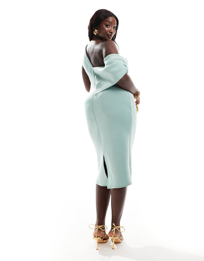 ASOS DESIGN Curve fallen shoulder pleat midi dress in sage