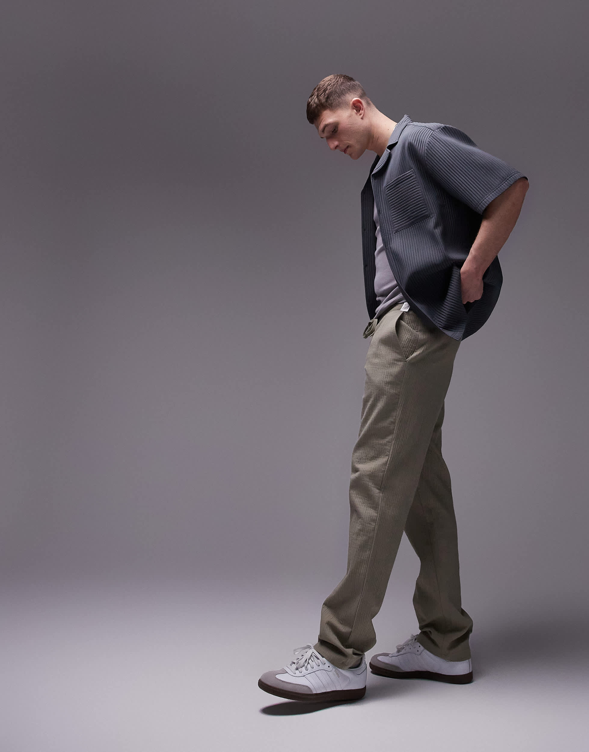 Topman straight leg textured trousers in khaki