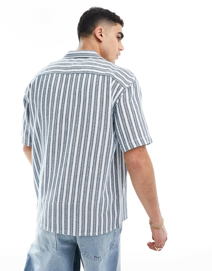 New Look short sleeved textured stripe patterned shirt in navy
