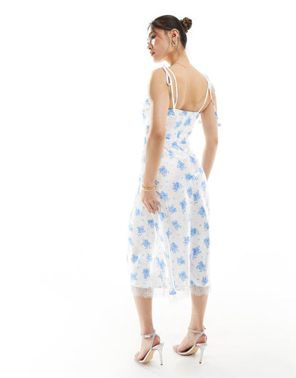 Rare London satin tie cami lace insert midi slip dress in blue floral