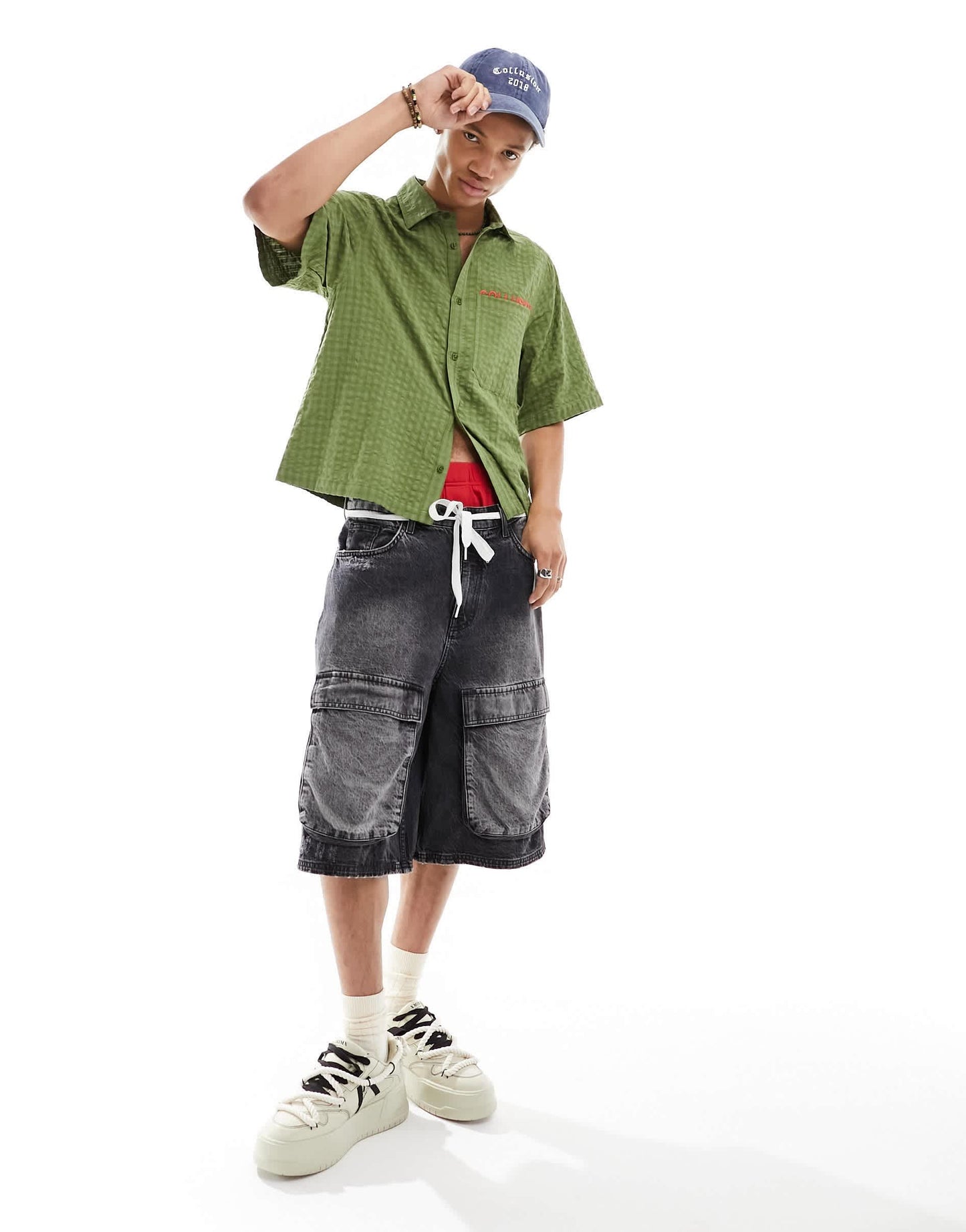 COLLUSION check short sleeve shirt in green check with orange embroidery