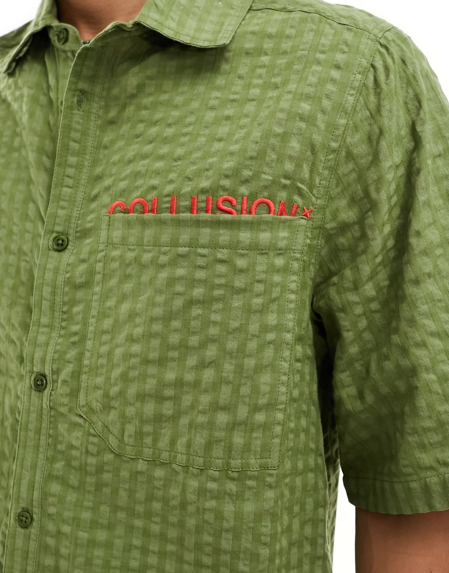 COLLUSION check short sleeve shirt in green check with orange embroidery