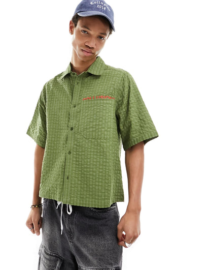 COLLUSION check short sleeve shirt in green check with orange embroidery