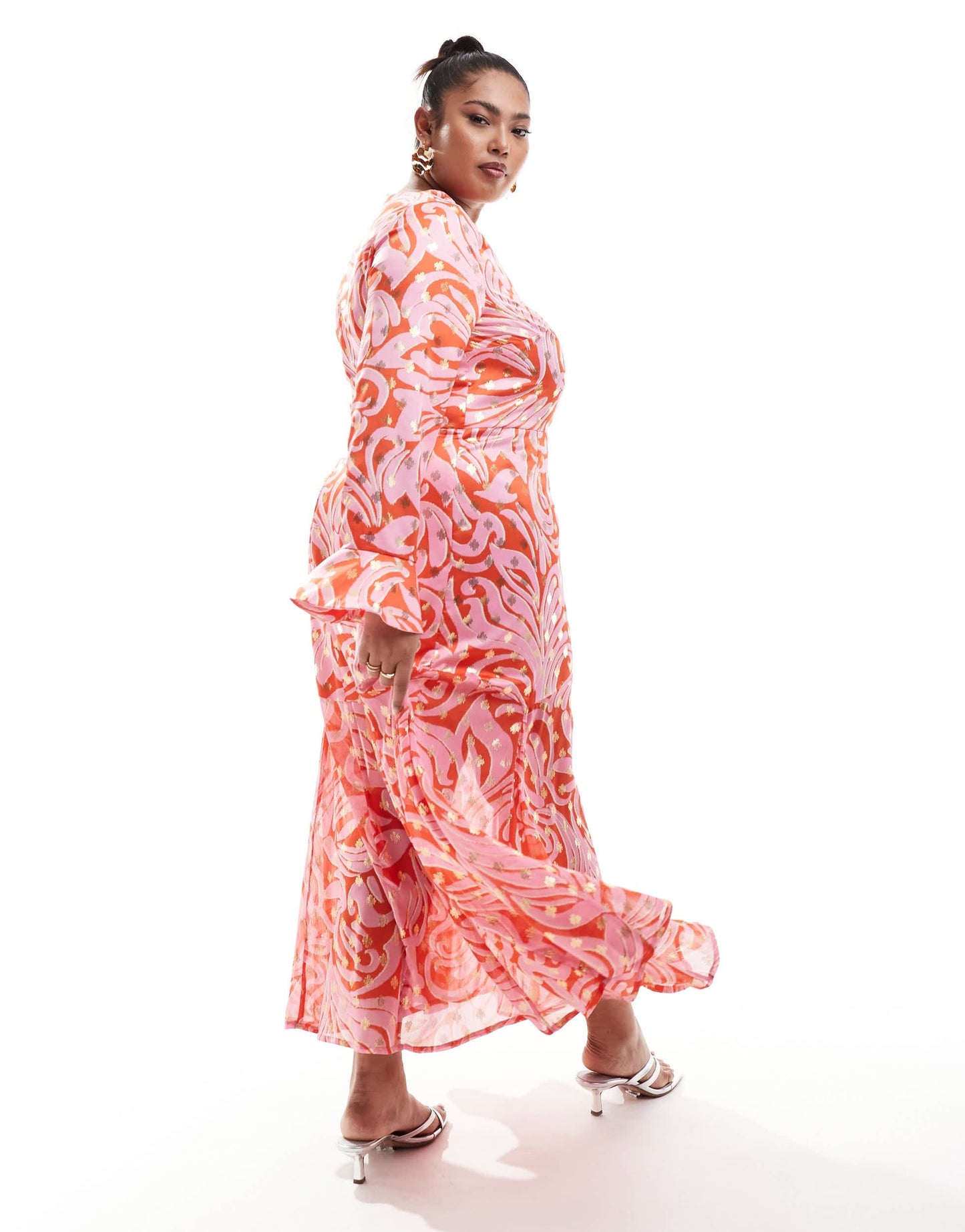 Never Fully Dressed Plus metallic midi dress in pink and orange