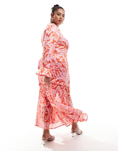 Never Fully Dressed Plus metallic midi dress in pink and orange