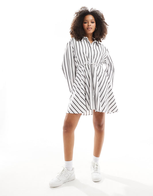ASOS DESIGN mini shirt dress with ruched belt detail in mono stripe