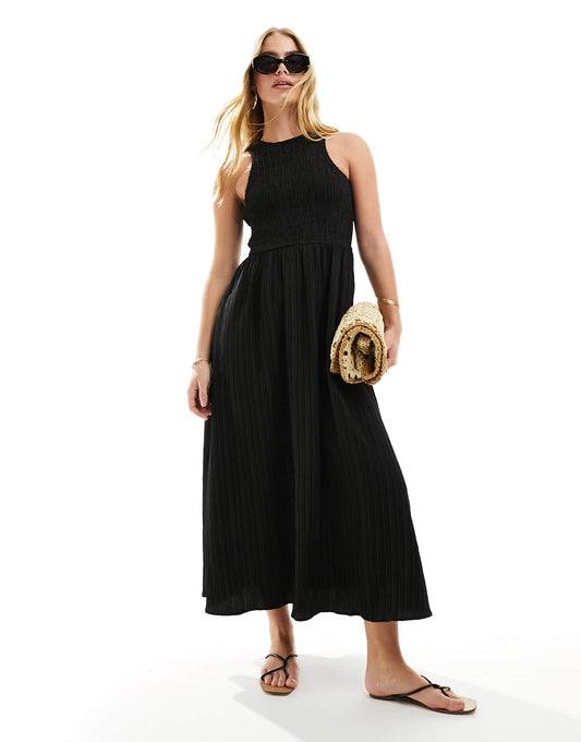 ASOS DESIGN racer crinkle midi sundress with scoop back in black