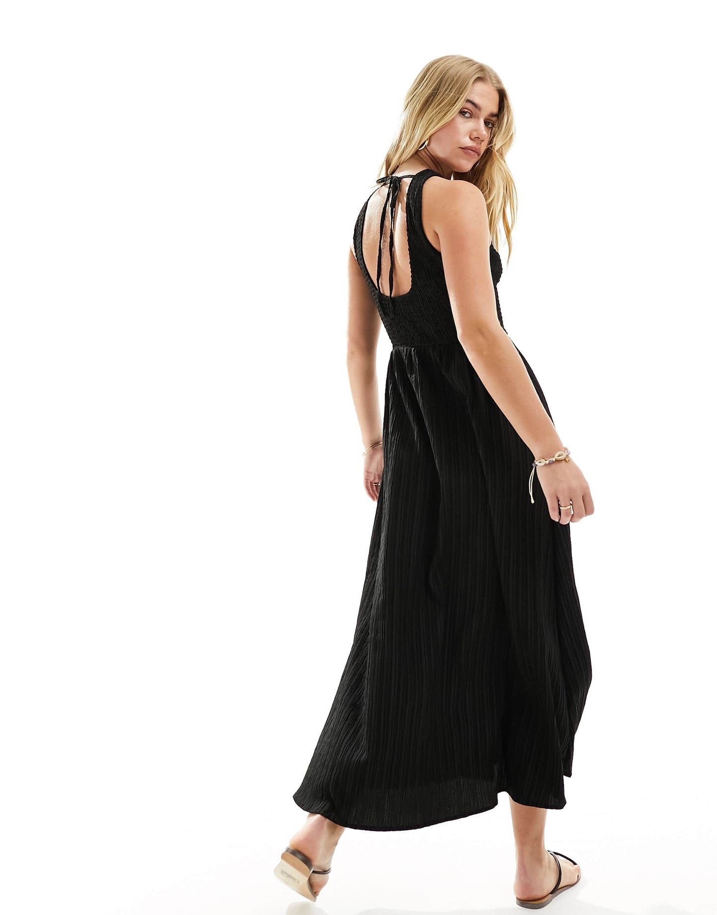 ASOS DESIGN racer crinkle midi sundress with scoop back in black