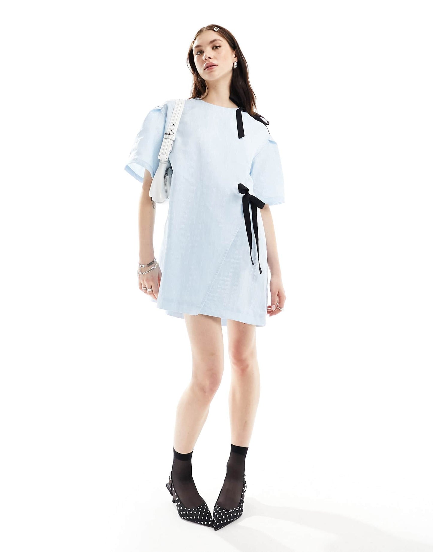 Ghospell contrast bow jacquard mini dress in dusty blue