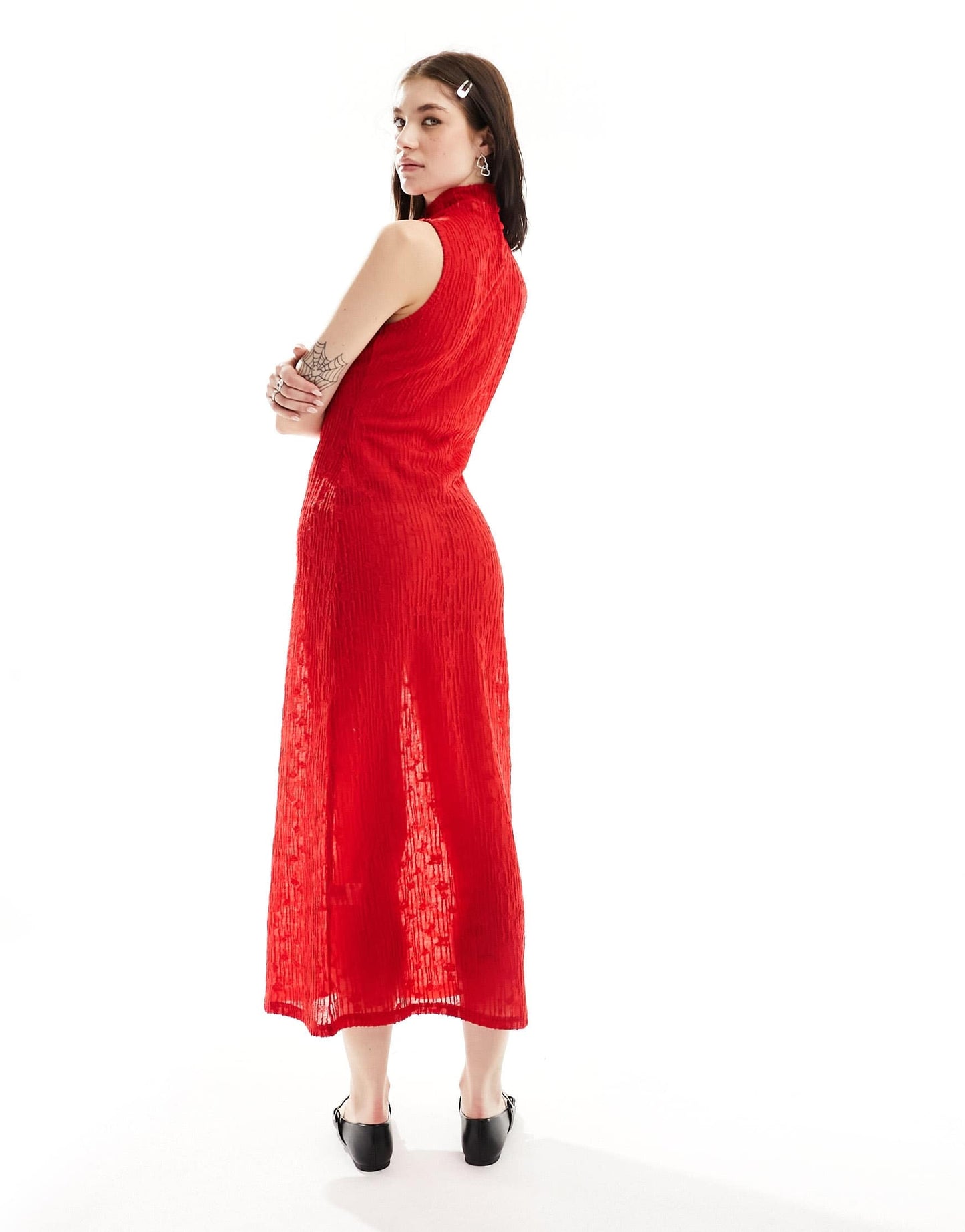 Ghospell high neck textured sheer midi dress in red