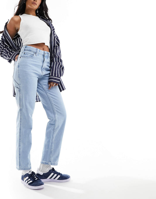 Dickies Ellendale mid rise straight fit denim mom jeans in light washed blue