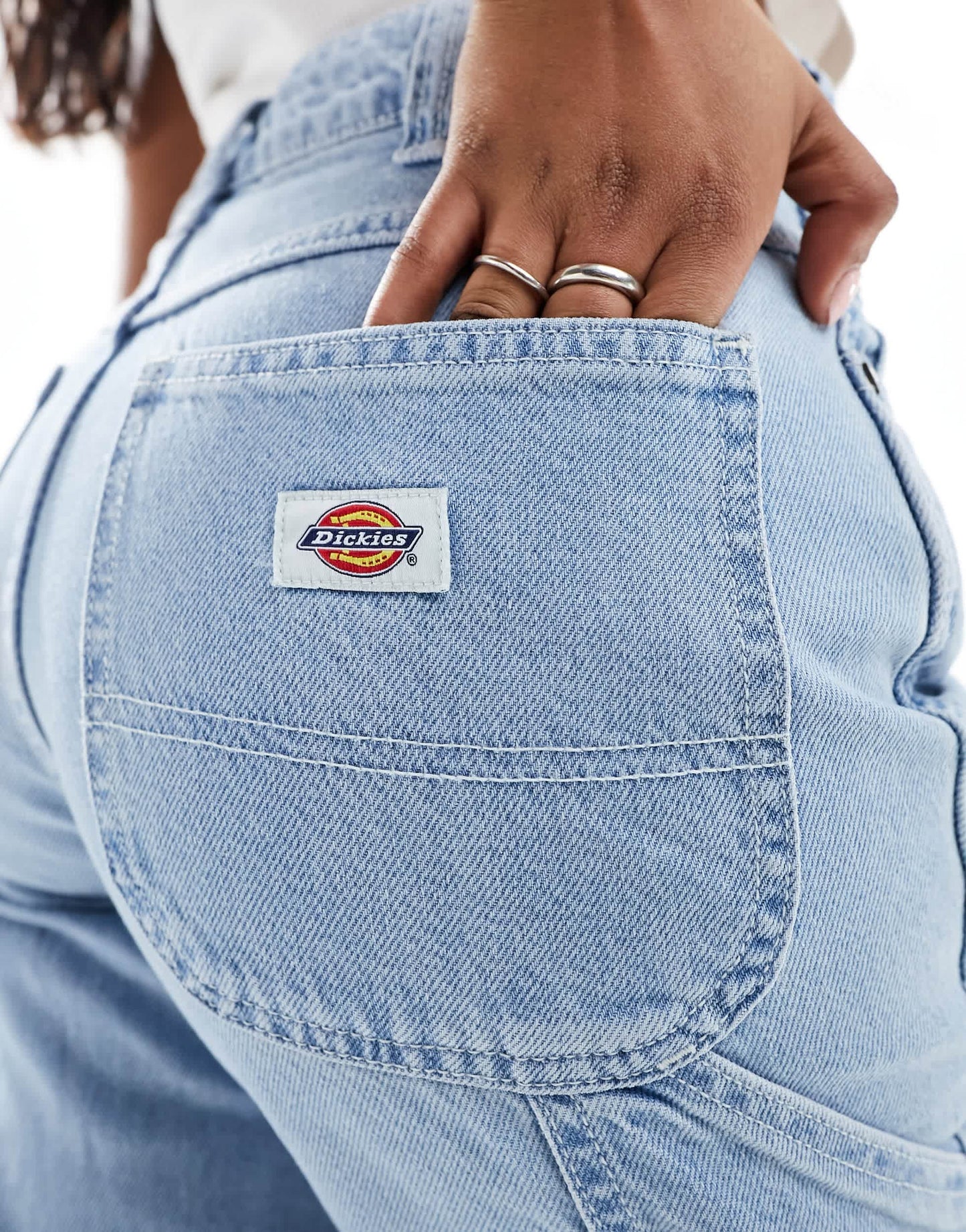 Dickies Ellendale mid rise straight fit denim mom jeans in light washed blue
