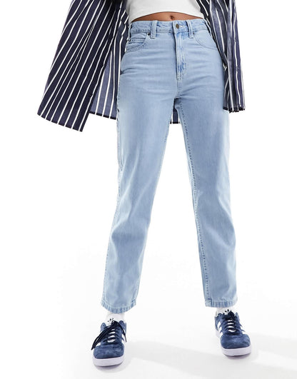 Dickies Ellendale mid rise straight fit denim mom jeans in light washed blue
