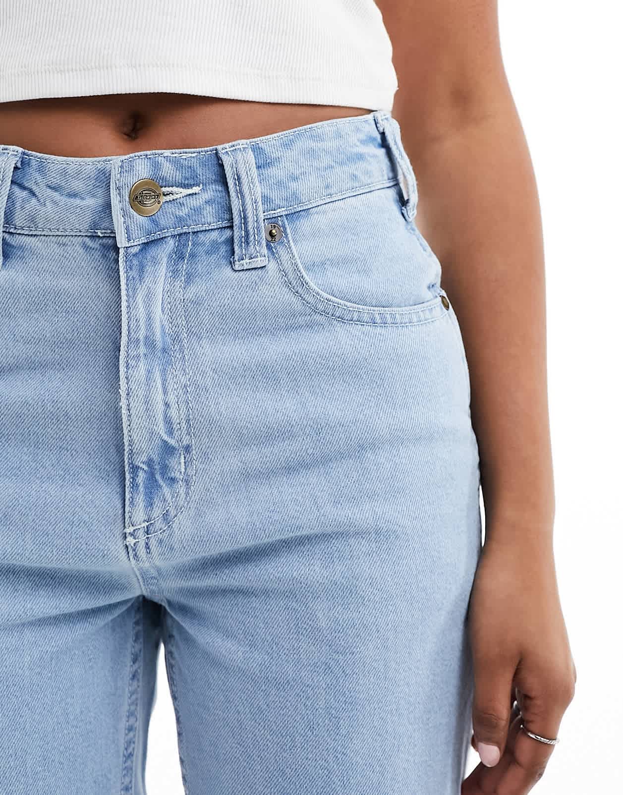 Dickies Ellendale mid rise straight fit denim mom jeans in light washed blue