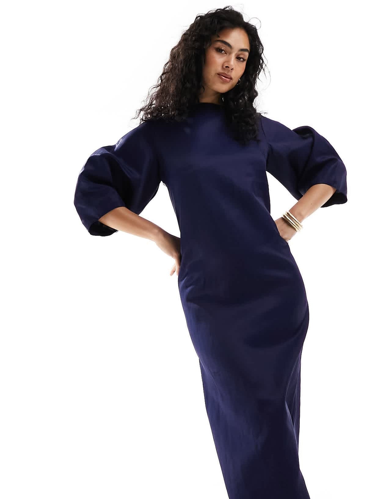 & Other Stories blend midaxi column dress with sculptural sleeves in dark blue
