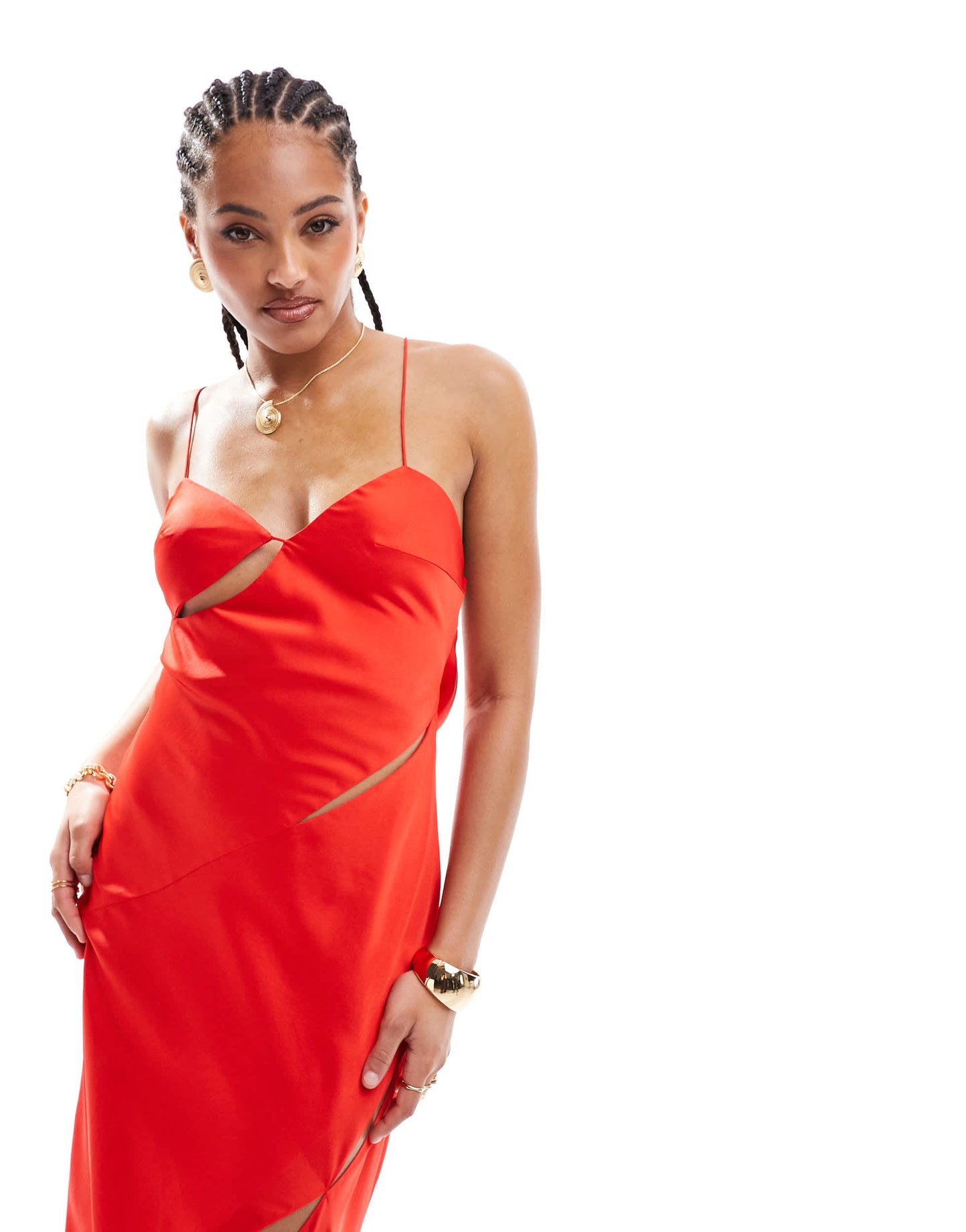 ASOS DESIGN cowl neck satin midi dress with cut outs and buckle detail in bright red