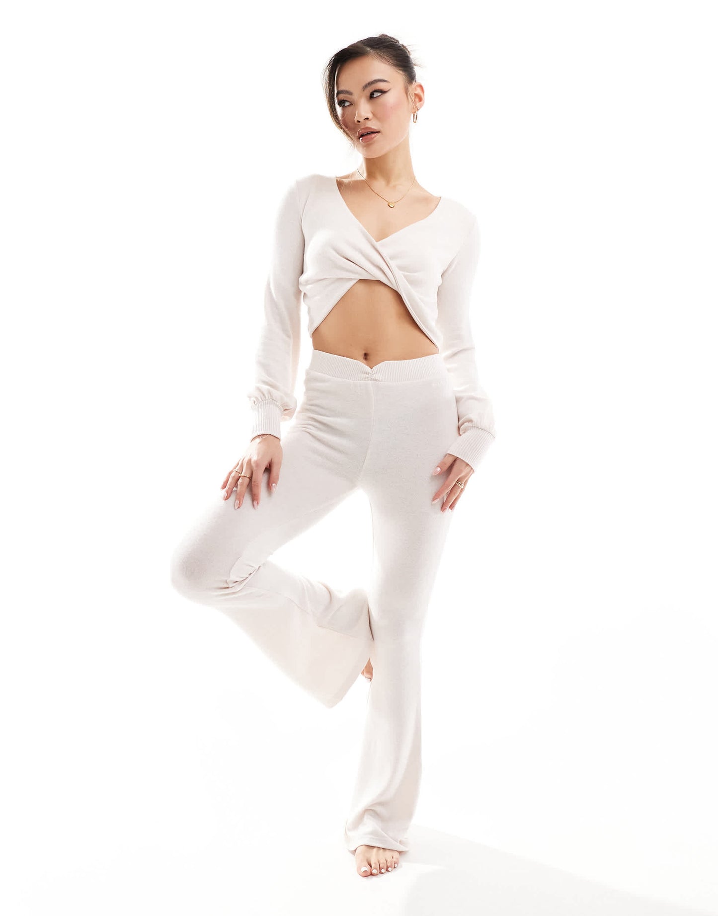 Boux Avenue long sleeve twist front lounge crop top in cream