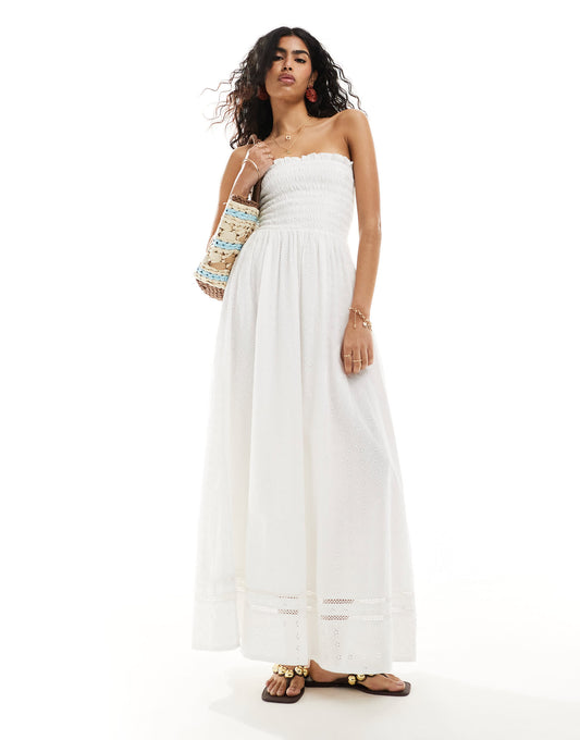 Iisla & Bird ruched bandeau micro broderie maxi beach dress in white