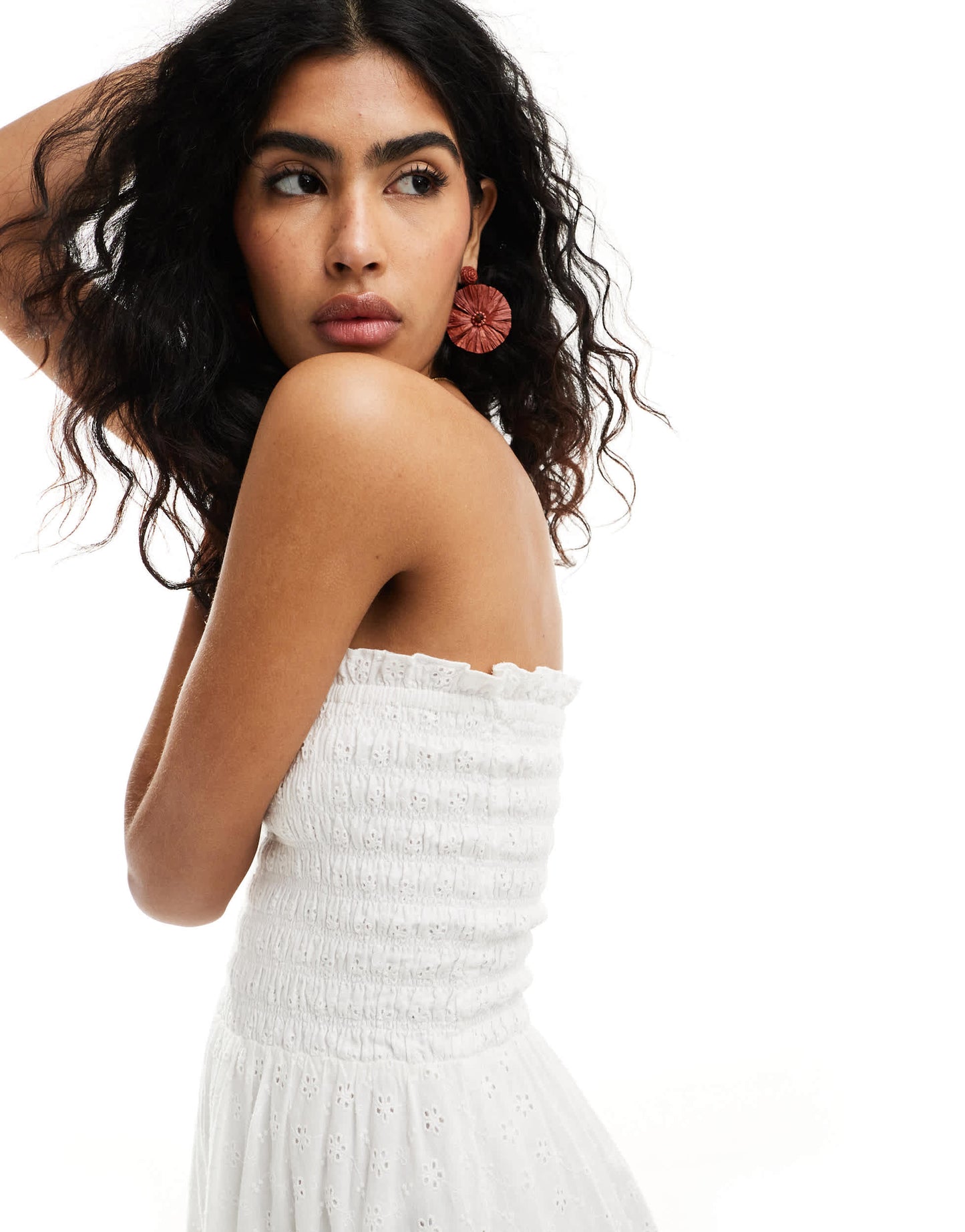 Iisla & Bird ruched bandeau micro broderie maxi beach dress in white