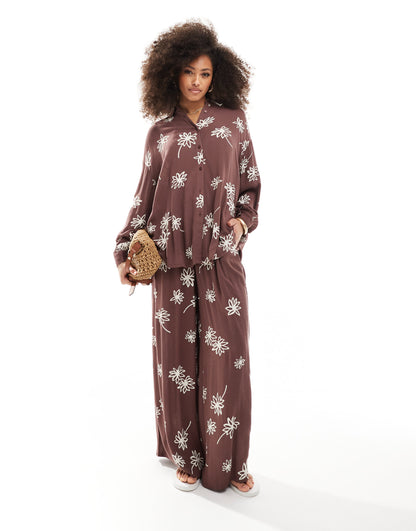 Iisla and Bird flower print long sleeve beach shirt co-ord in brown