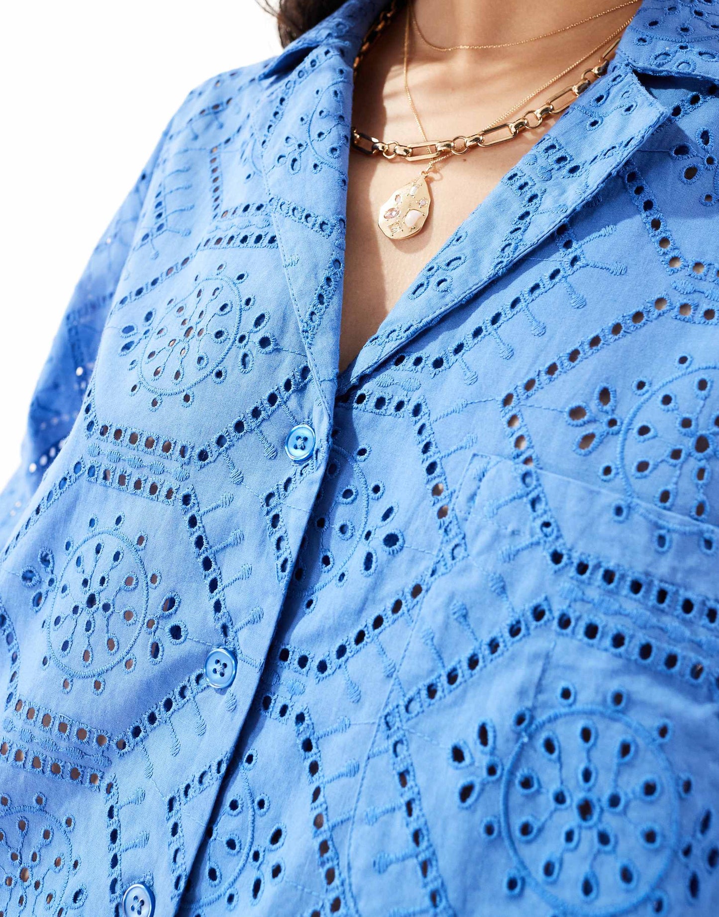 Iisla & Bird broderie short sleeve beach shirt co-ord in blue