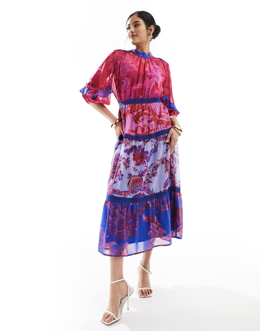 Hope & Ivy balloon sleeve midi dress in colourblock floral print
