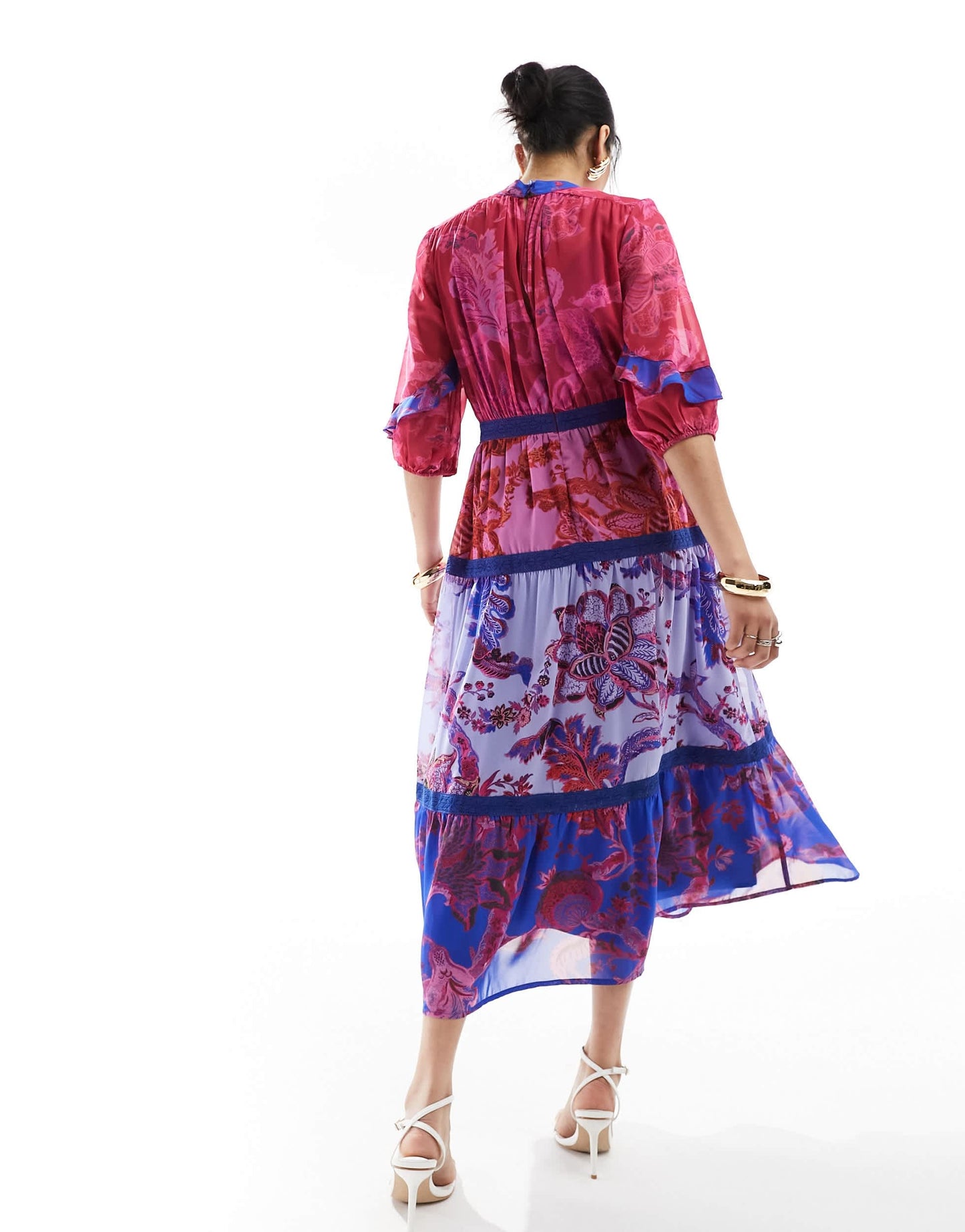 Hope & Ivy balloon sleeve midi dress in colourblock floral print