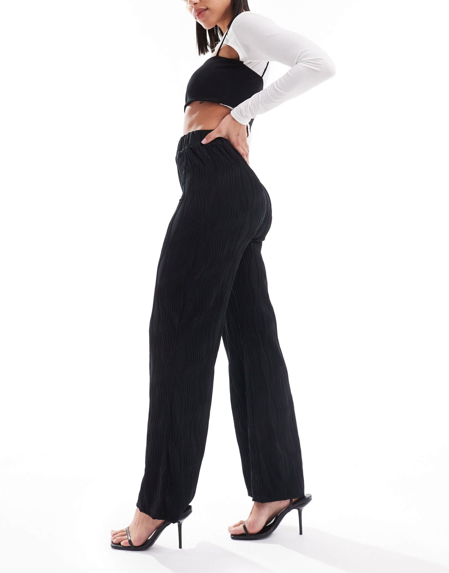 New Look ripple wide leg trousers in black