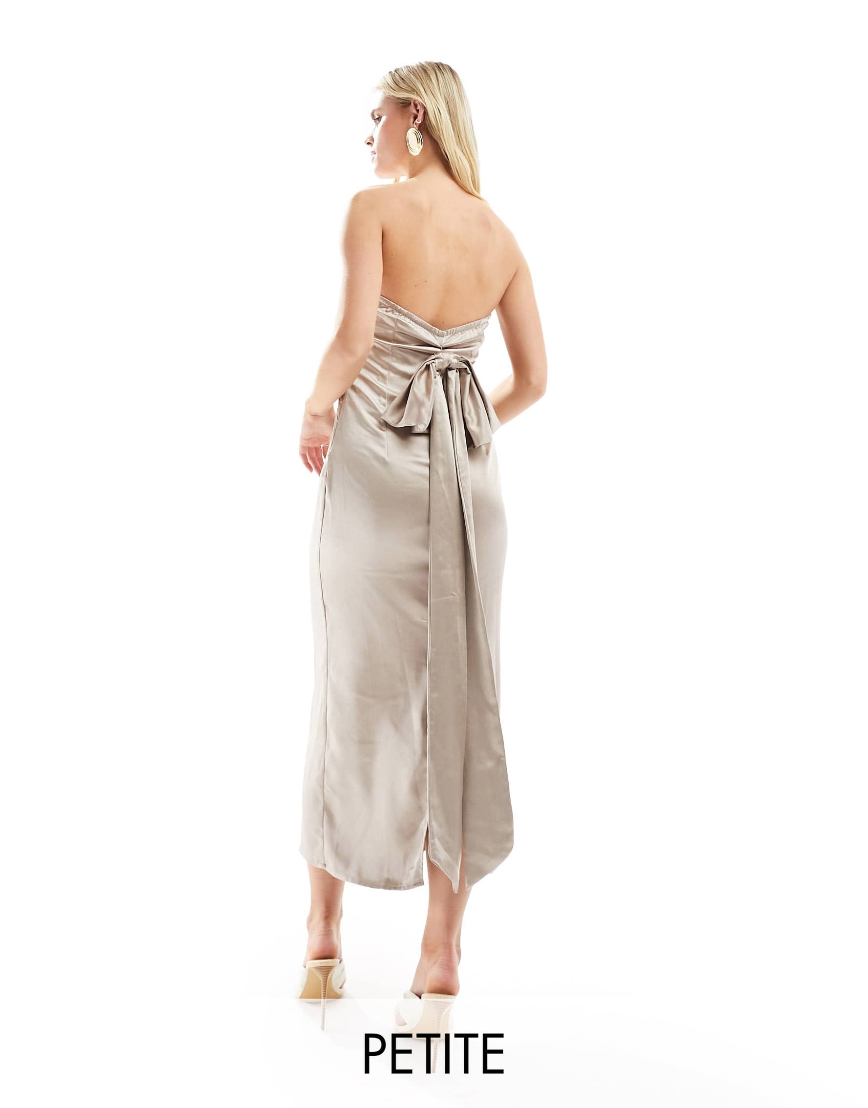 In The Style Petite bandeau satin bow detail midi dress in mocha