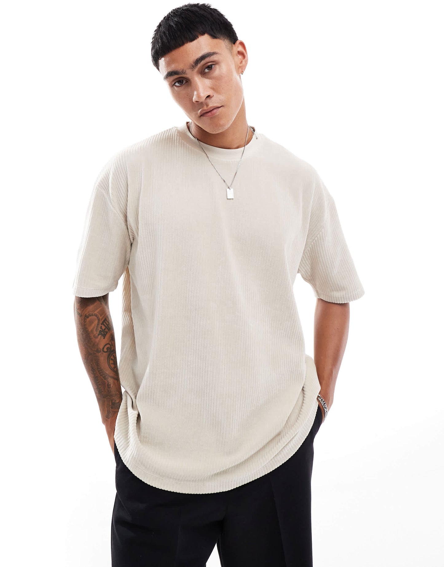 ASOS DESIGN oversized ribbed velour t-shirt in beige