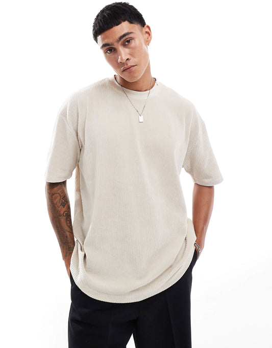 ASOS DESIGN oversized ribbed velour t-shirt in beige