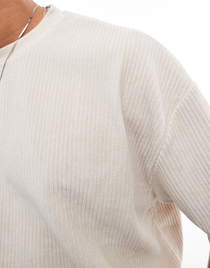 ASOS DESIGN oversized ribbed velour t-shirt in beige