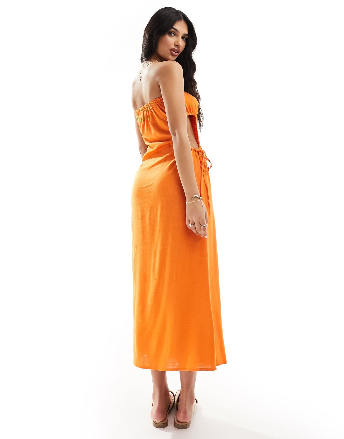 ASOS DESIGN linen bandeau midi sundress with ruched cut out detail in orange