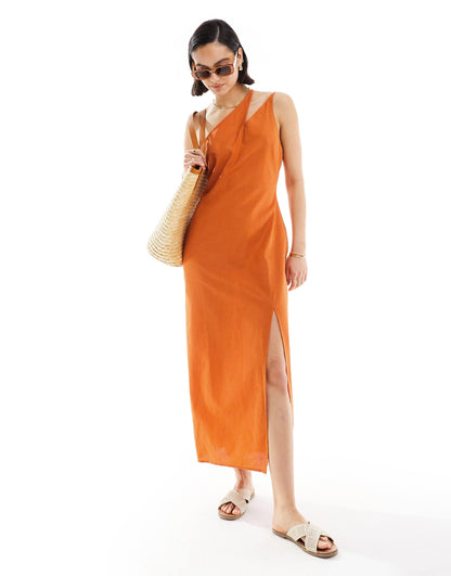 ASOS DESIGN one shoulder split strap linen midi sundress in burnt orange