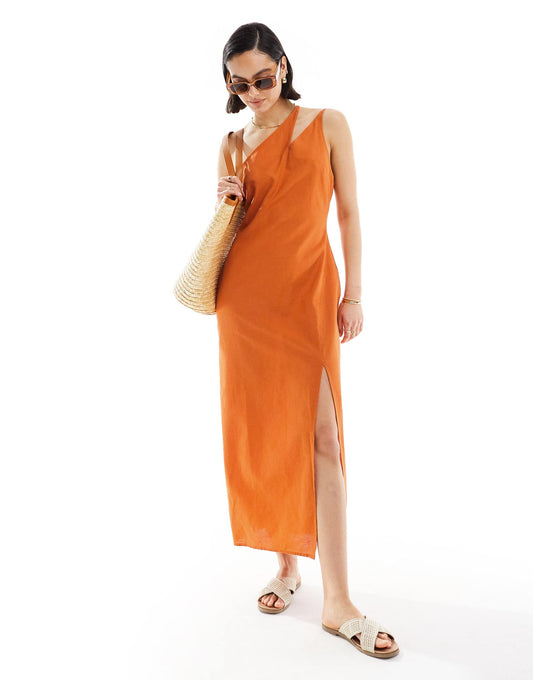 ASOS DESIGN one shoulder split strap linen midi sundress in burnt orange