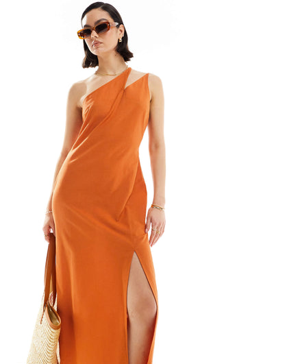 ASOS DESIGN one shoulder split strap linen midi sundress in burnt orange