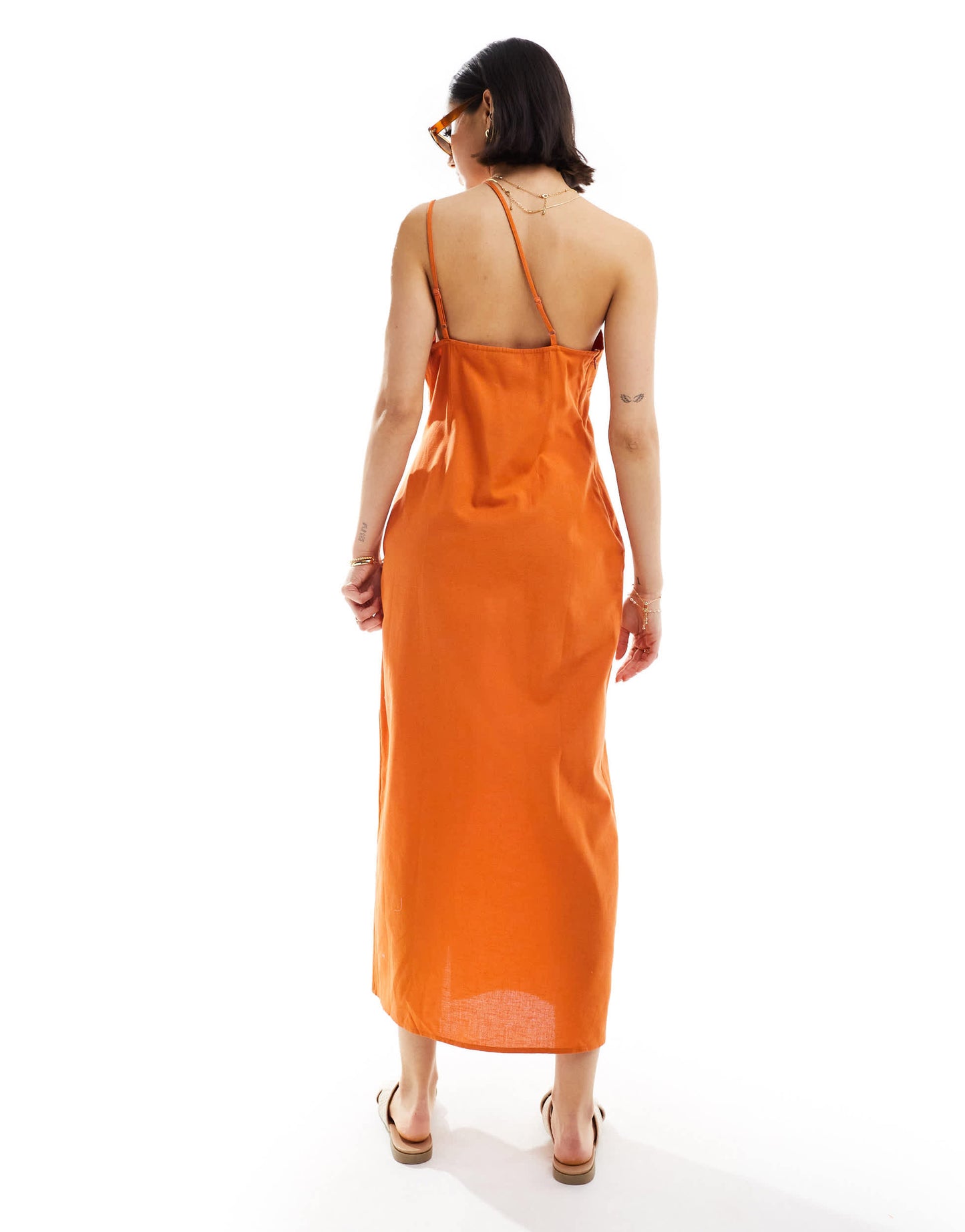 ASOS DESIGN one shoulder split strap linen midi sundress in burnt orange