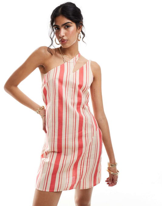 ASOS DESIGN one shoulder split strap linen mini sundress in stripe