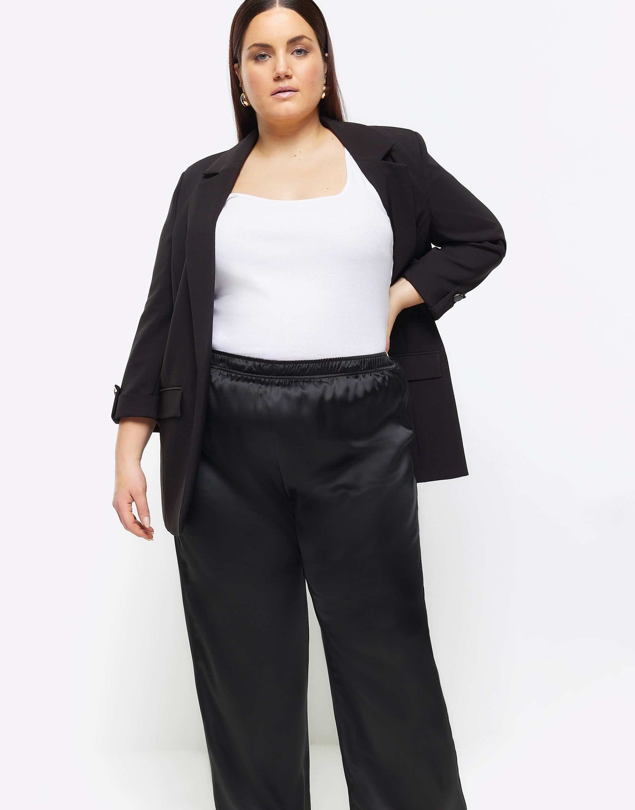 River Island satin wide leg trousers in black