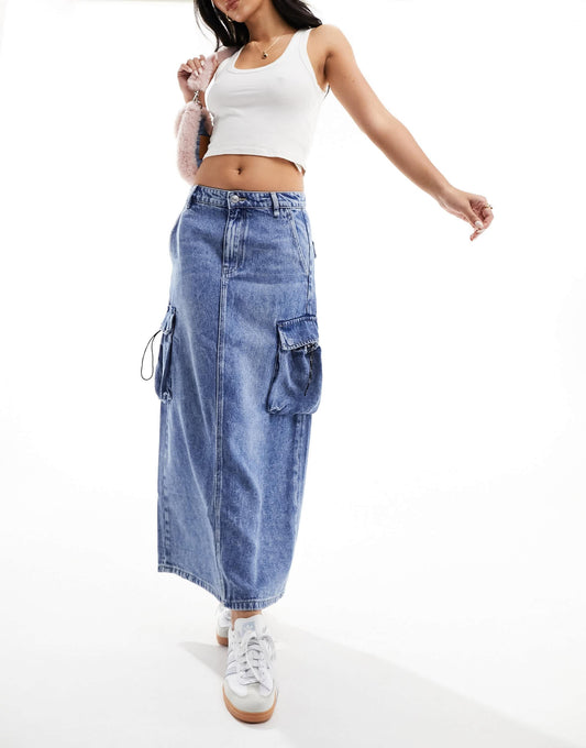 Miss Sixty cargo denim midi skirt in blue