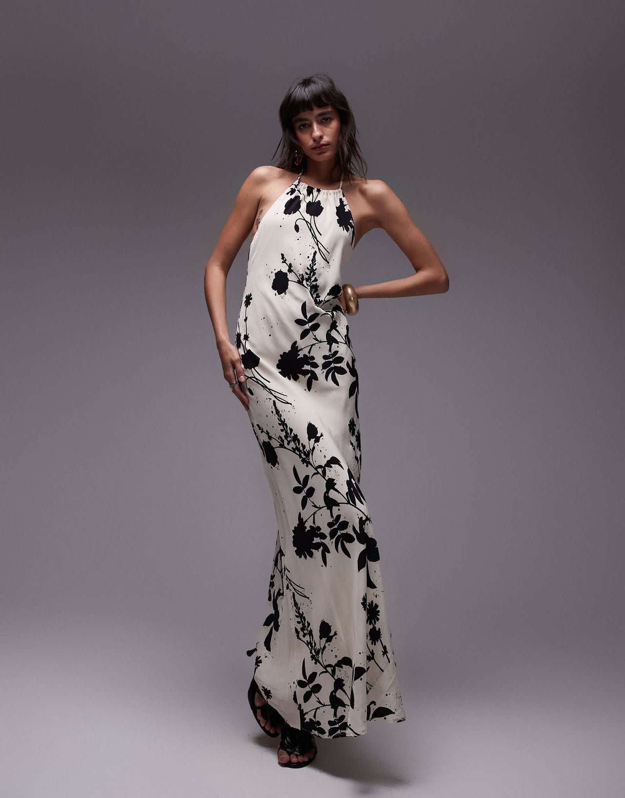 Topshop halter neck maxi dress in mono floral