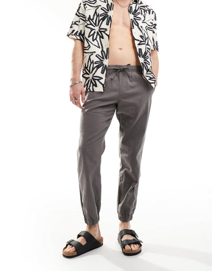 ASOS DESIGN tapered pull on linen trouser in washed grey