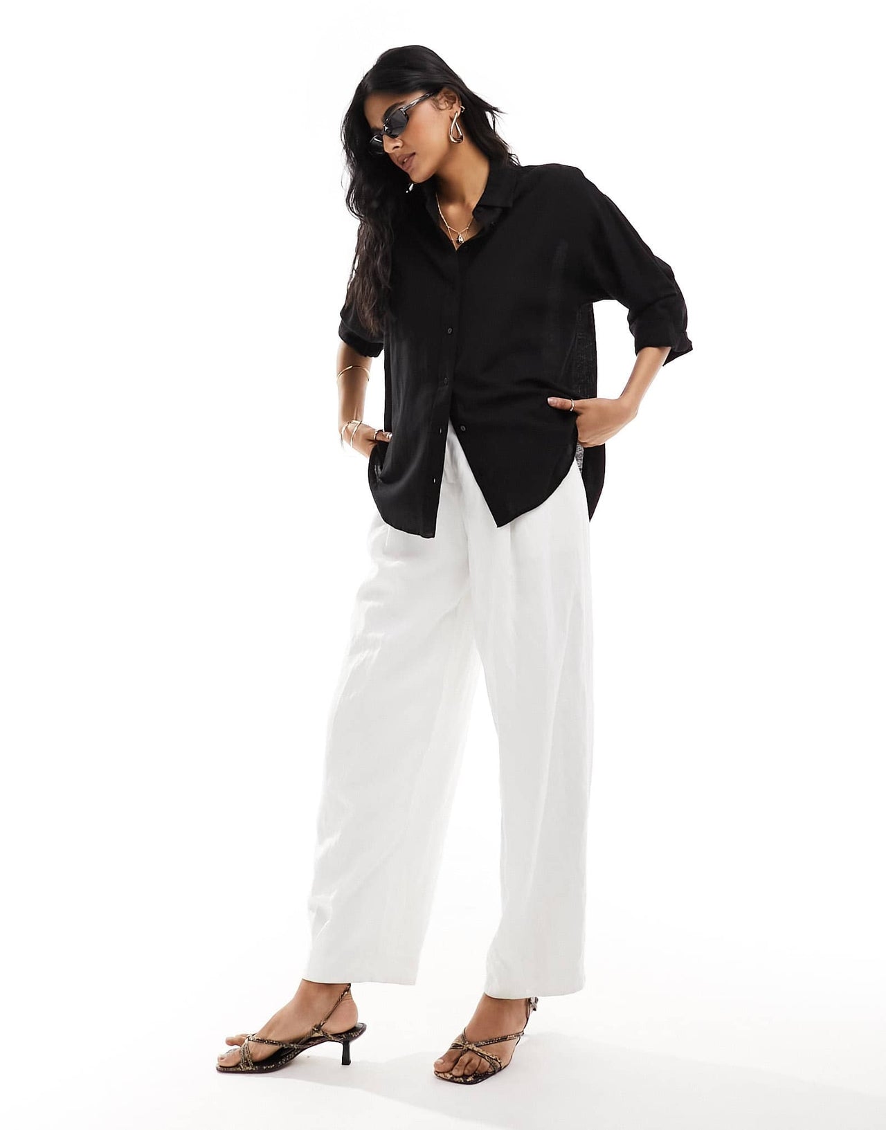 Stradivarius linen look shirt in black
