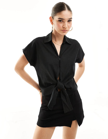 New Look linen look tie front shirt in black