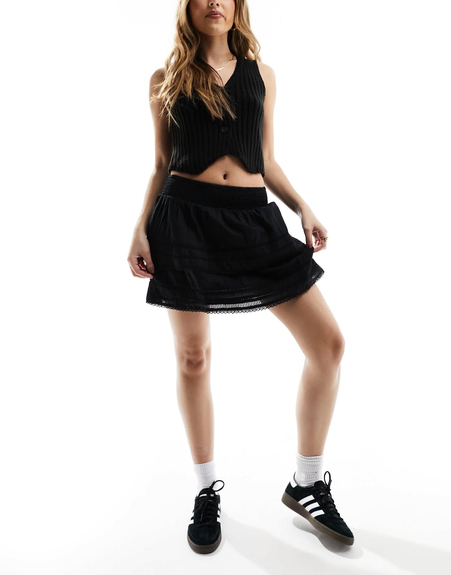 Cotton On mini boho tiered skirt with lace trim in black