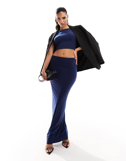 Kaiia exclusive double layered slinky column maxi skirt co-ord in blue